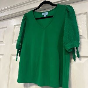 CeCe Green Boxy Tie Front Short Sleeve Blouse